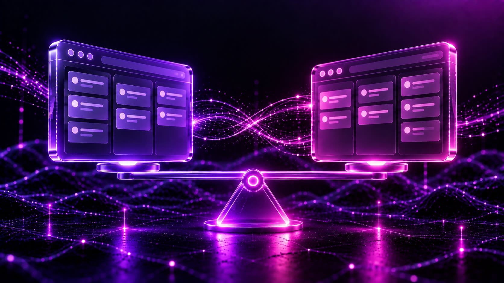 Two glowing 3D pipeline panels facing each other on a light balance beam, representing comparing Pipedrive and HubSpot CRM