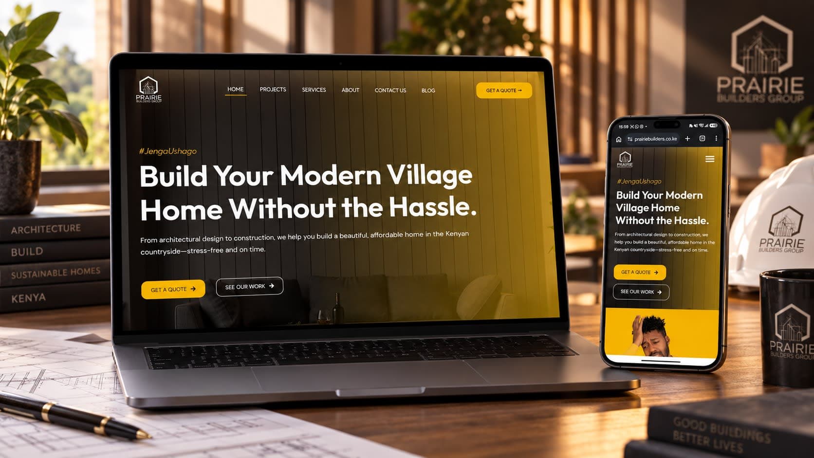 The Prairie Builders website shown on a laptop and phone, with the “Build Your Modern Village Home Without the Hassle” homepage hero