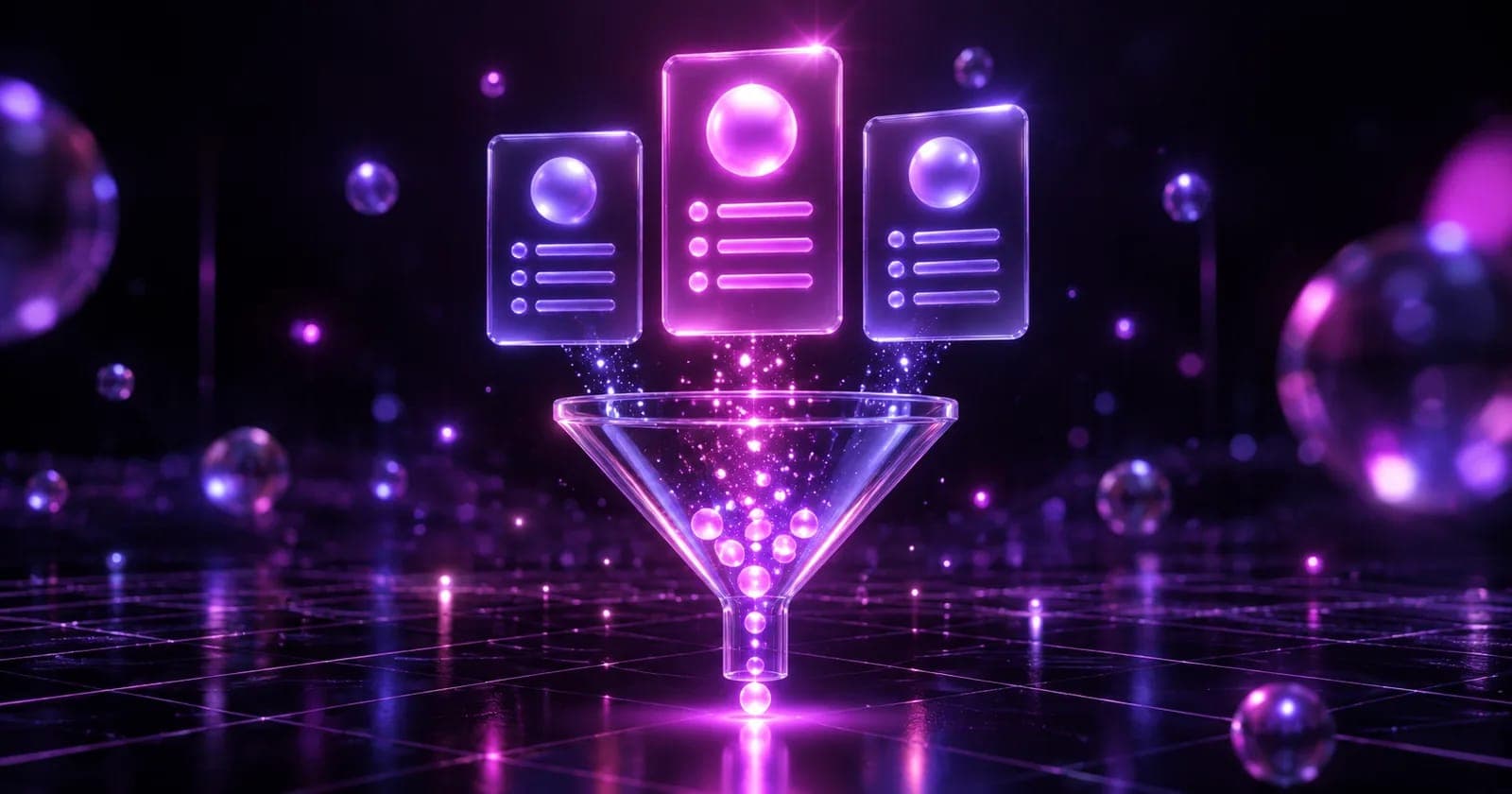 Glowing 3D tiered pricing cards above a filter funnel catching bright particles, representing pricing that qualifies leads
