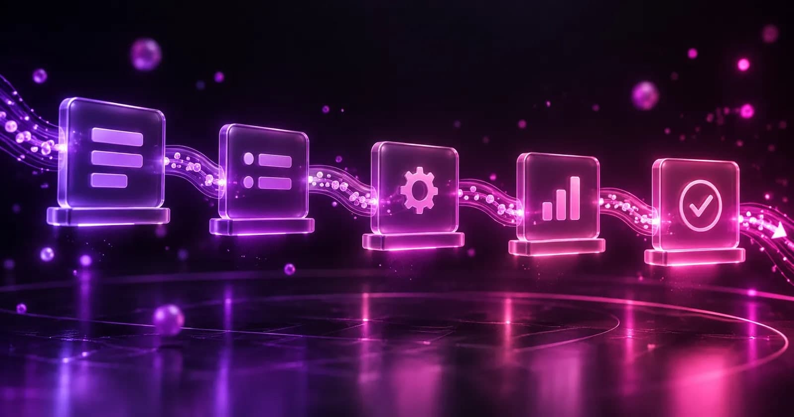 Glowing 3D kanban flow path with light particles moving through connected stages, representing choosing project management software by workflow