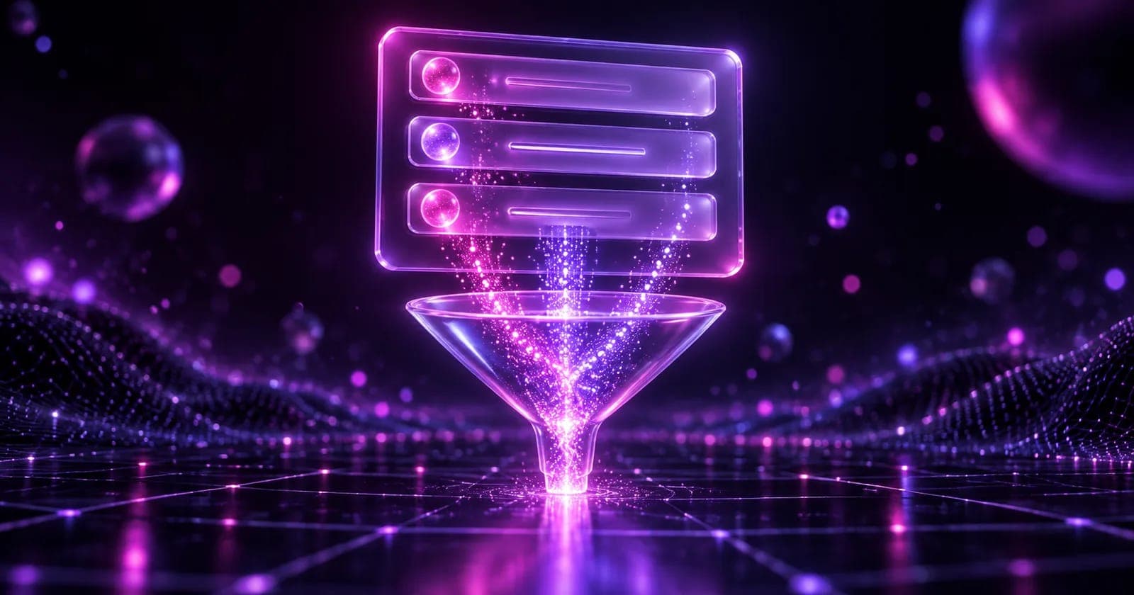 Glowing 3D form panel whose input rows feed light into a funnel, representing quote request form best practices