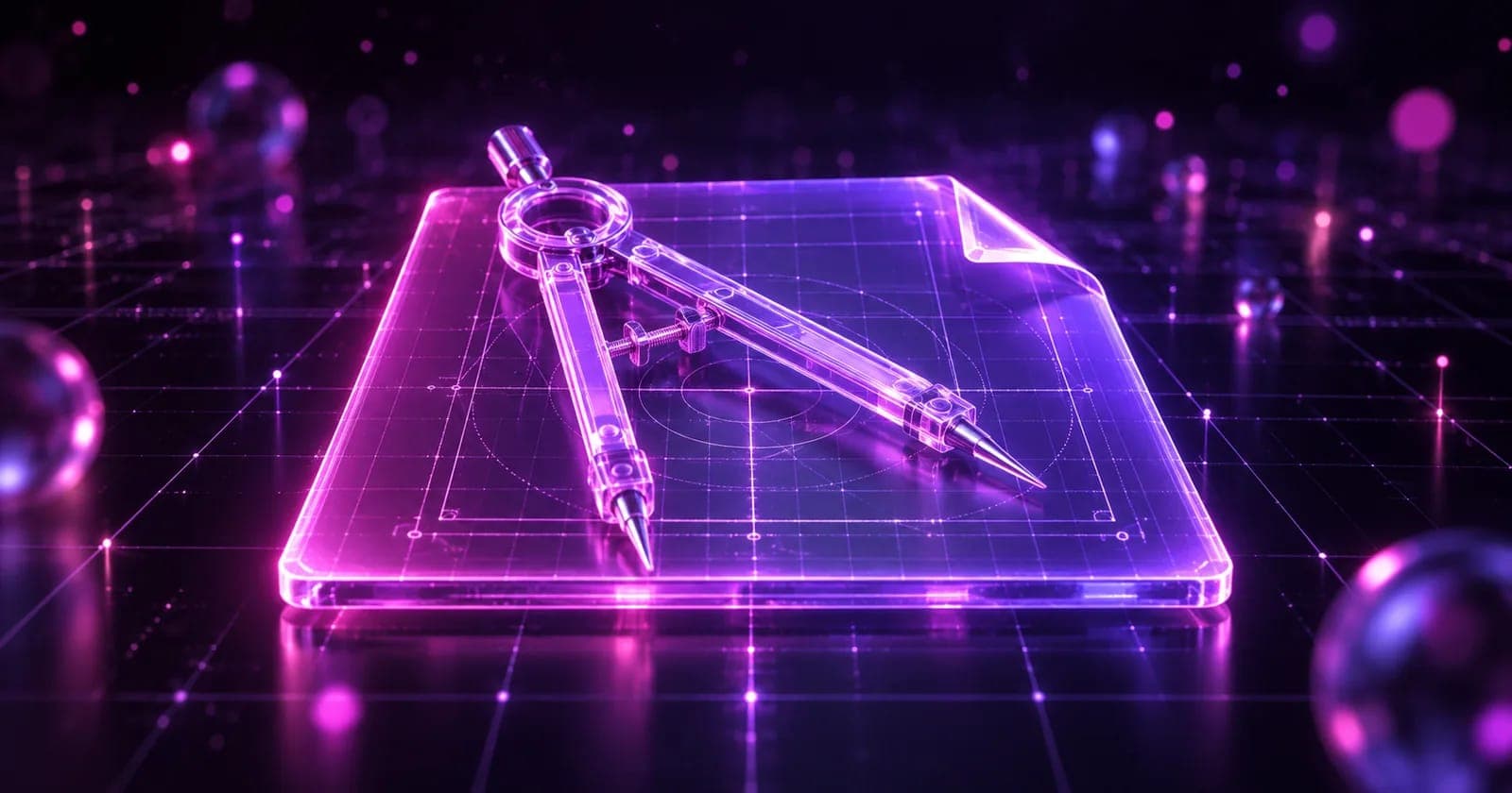 Glowing 3D brief document with a drafting compass on a blueprint grid, representing a web design project brief