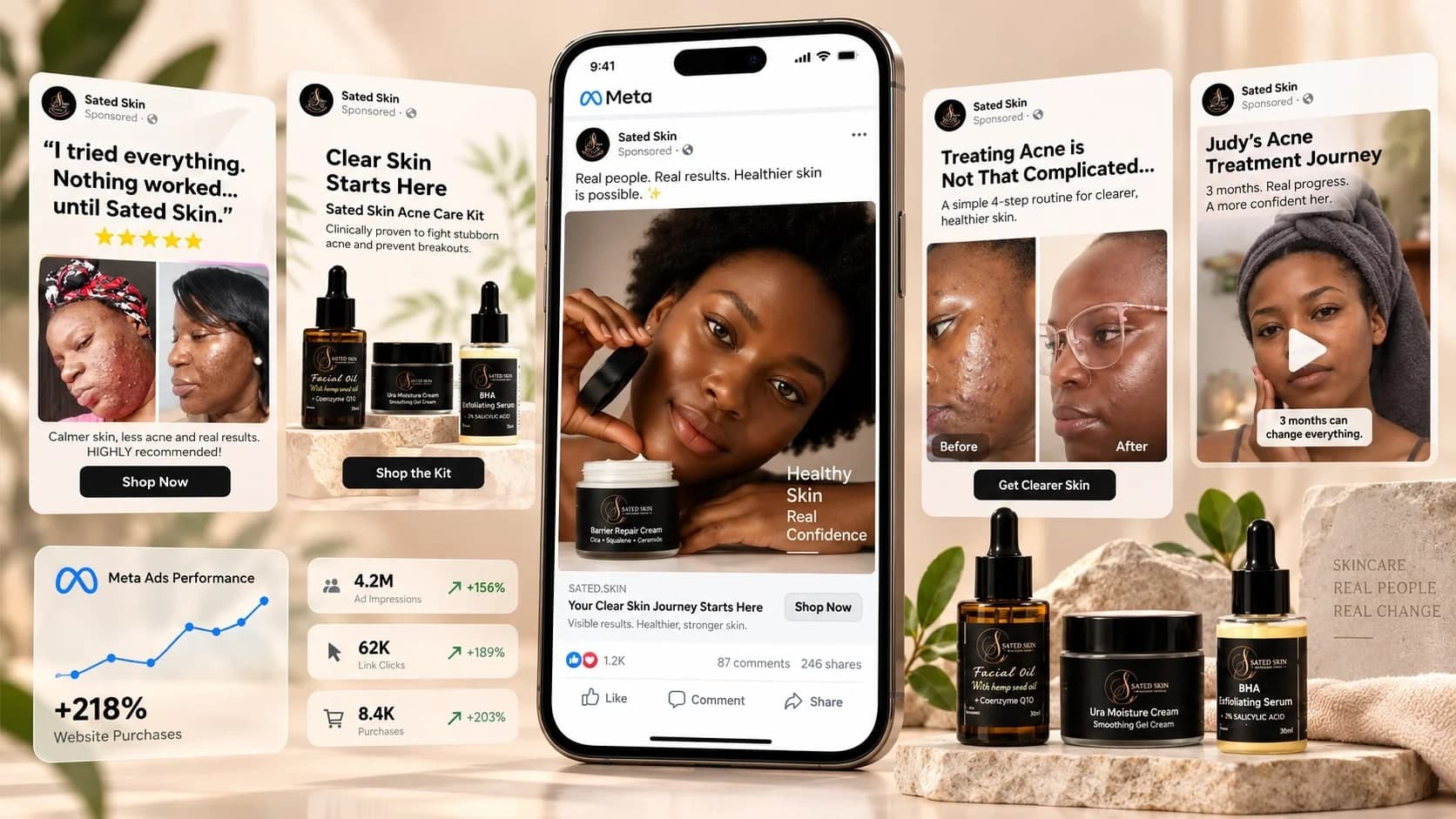 Sated.Skin Meta advertising showcase with skincare ad creatives, product photography and an illustrated performance dashboard.