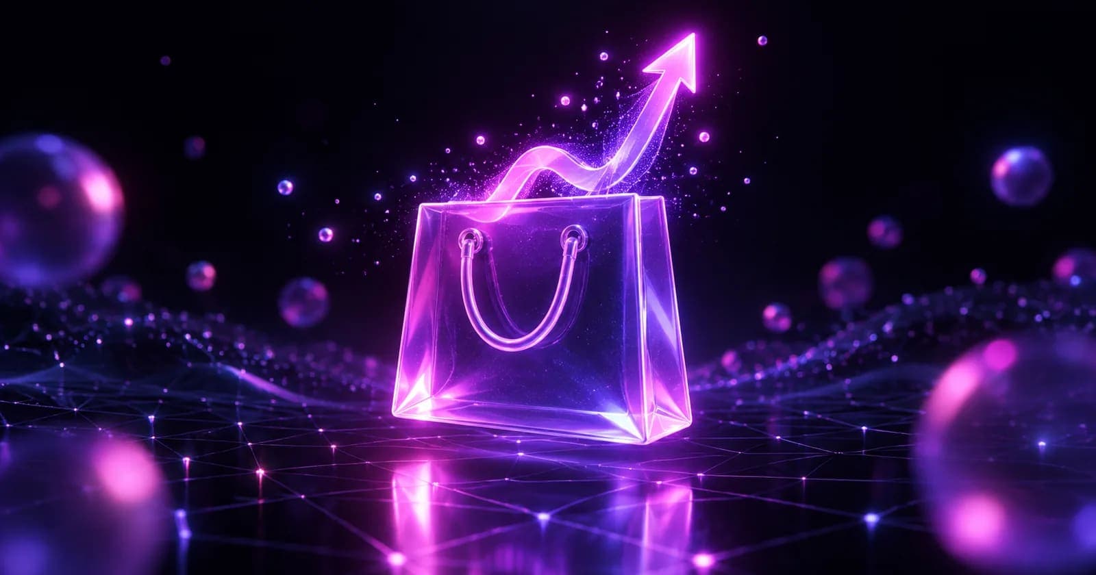 Glowing 3D shopping bag with a rising trend curve arcing from it, representing seasonal ecommerce landing pages