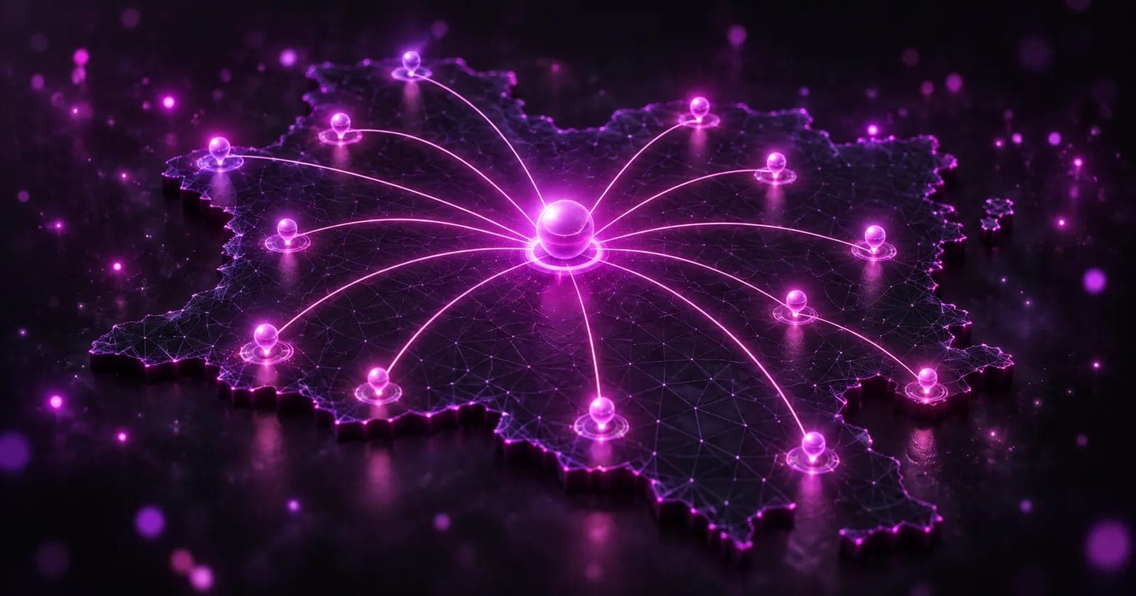 Glowing cluster of city location nodes connected by one strong light path to a central hub, representing genuine service-area SEO pages