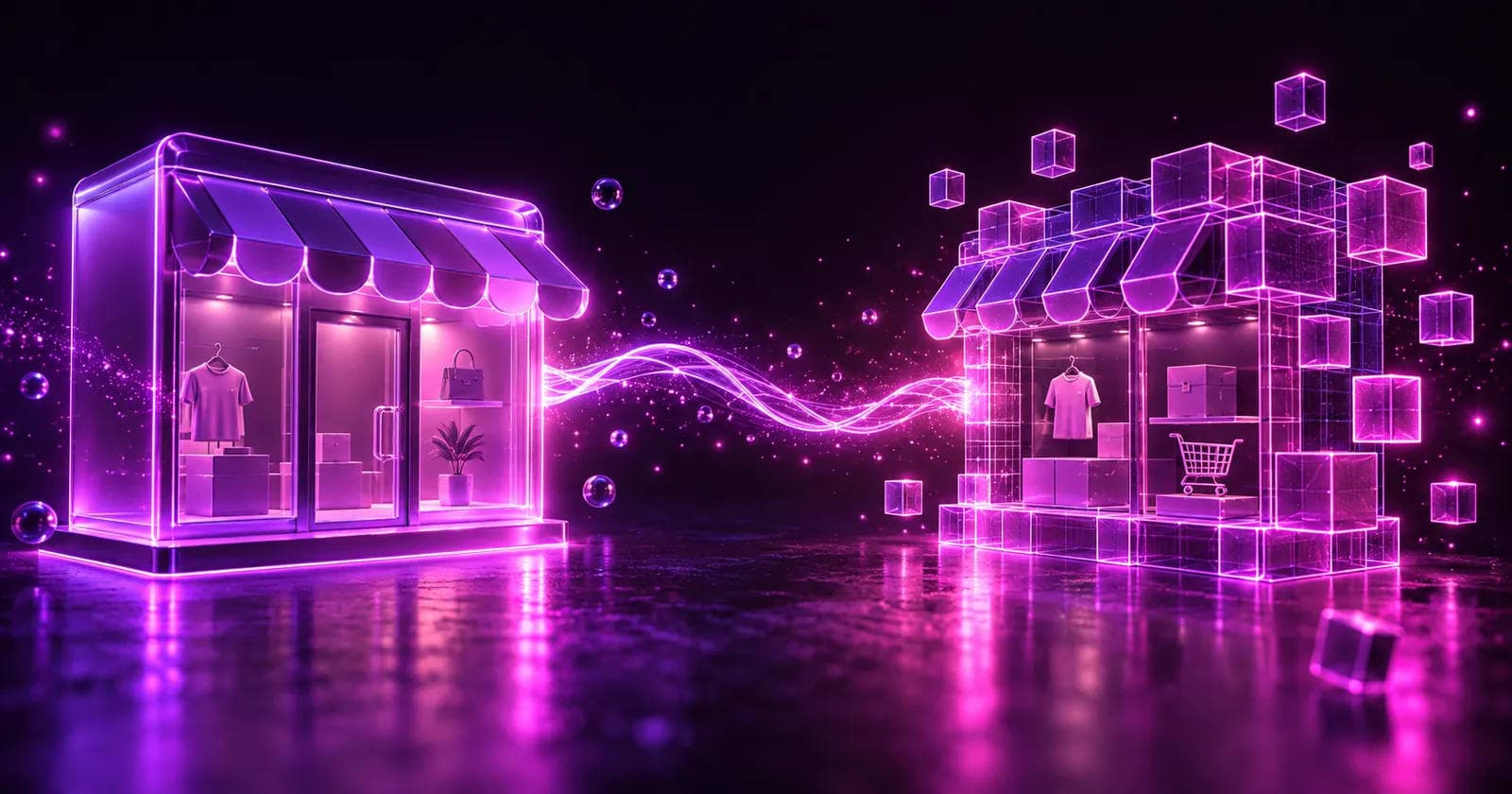 Two glowing 3D storefront panels, one smooth and one modular, facing each other, representing comparing Shopify and WooCommerce