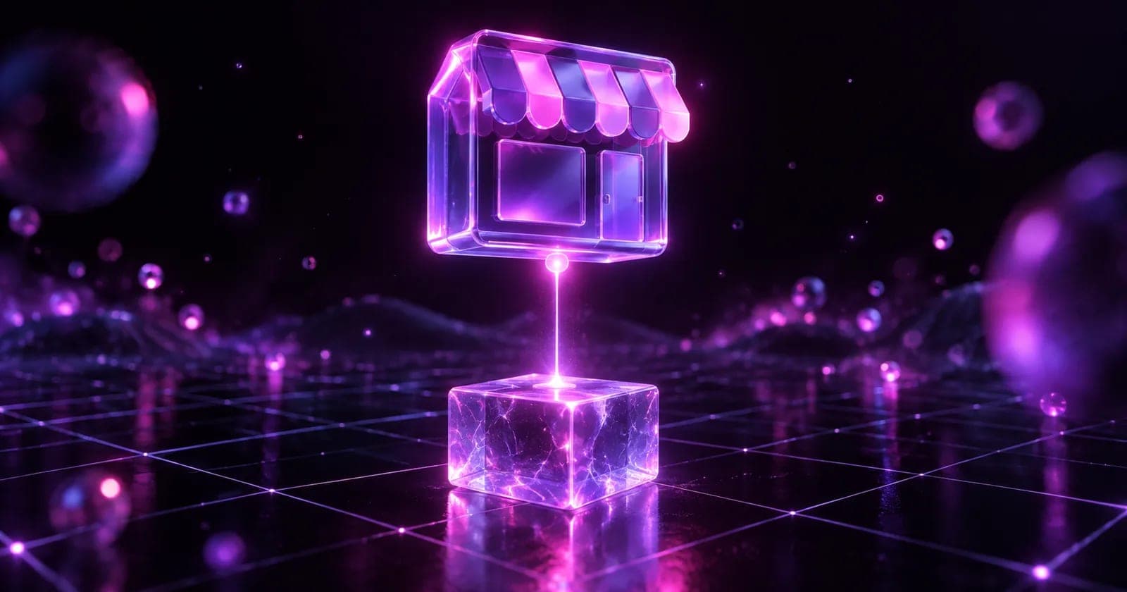 Glowing 3D social storefront tile tethered to a solid anchor block, representing social commerce still needing a website