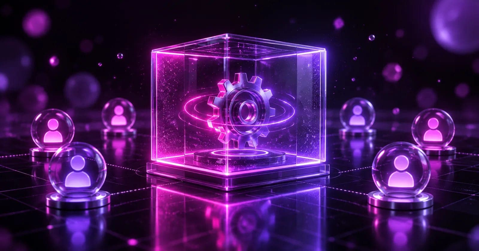Glowing 3D sandbox holding a spinning automation gear behind glass from customer nodes, representing testing before customers