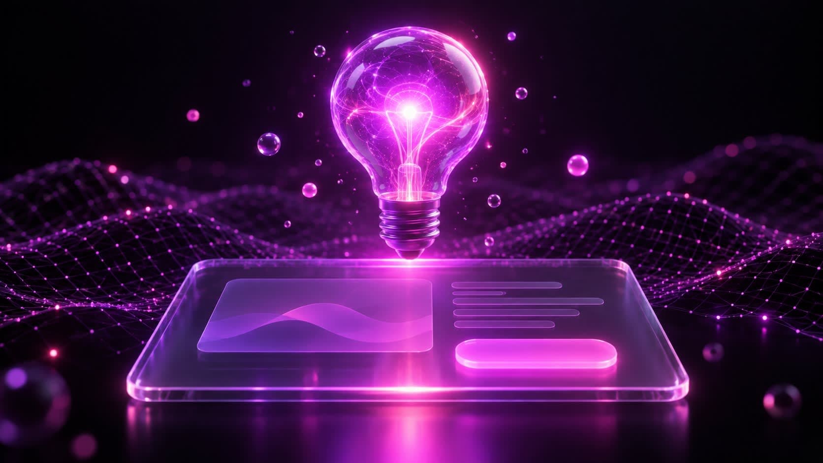 Glowing 3D idea orb above a glass landing page panel with a waitlist signup glow, representing MVP idea validation