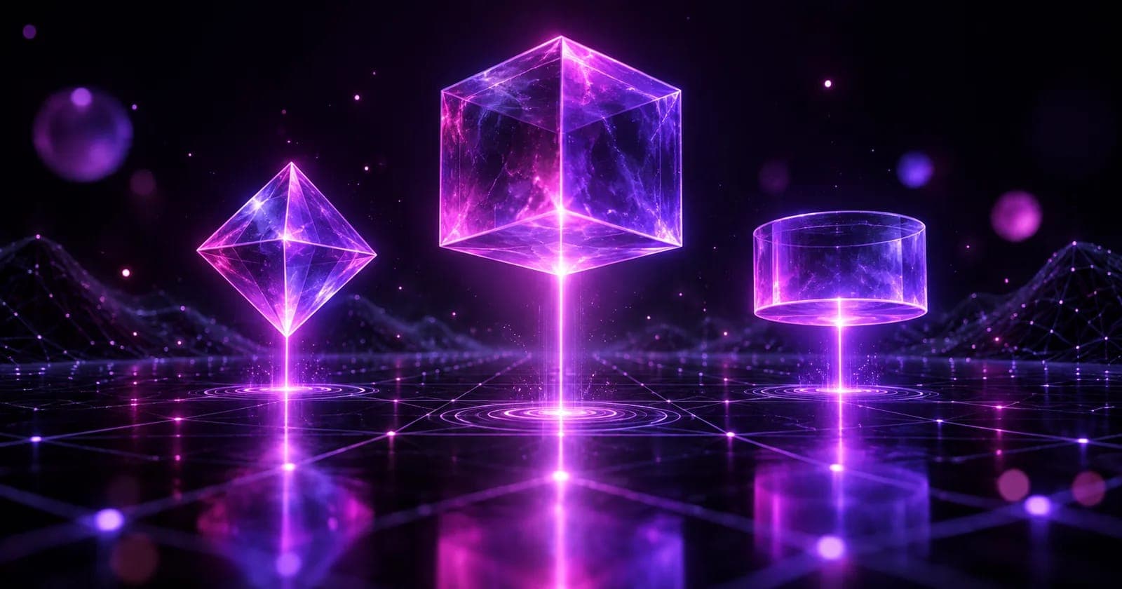 Three glowing 3D platform cubes at staggered heights tethered by light beams, representing a hosting platform comparison