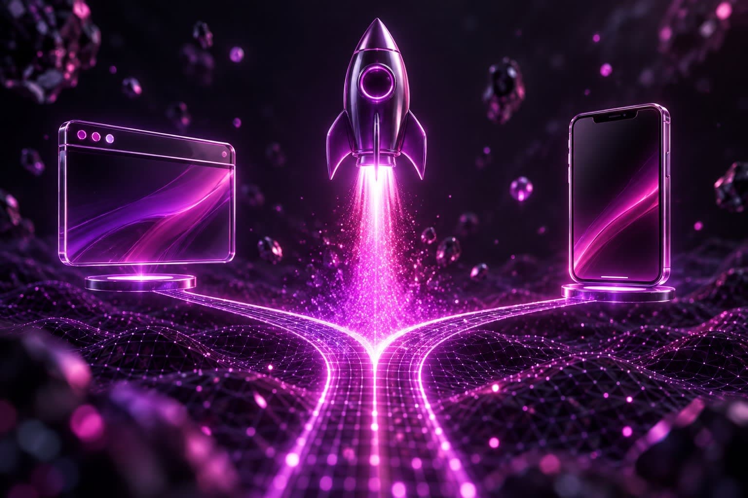 Glowing 3D rocket launching from a forked wireframe path between a browser and phone icon, representing choosing web app vs mobile app