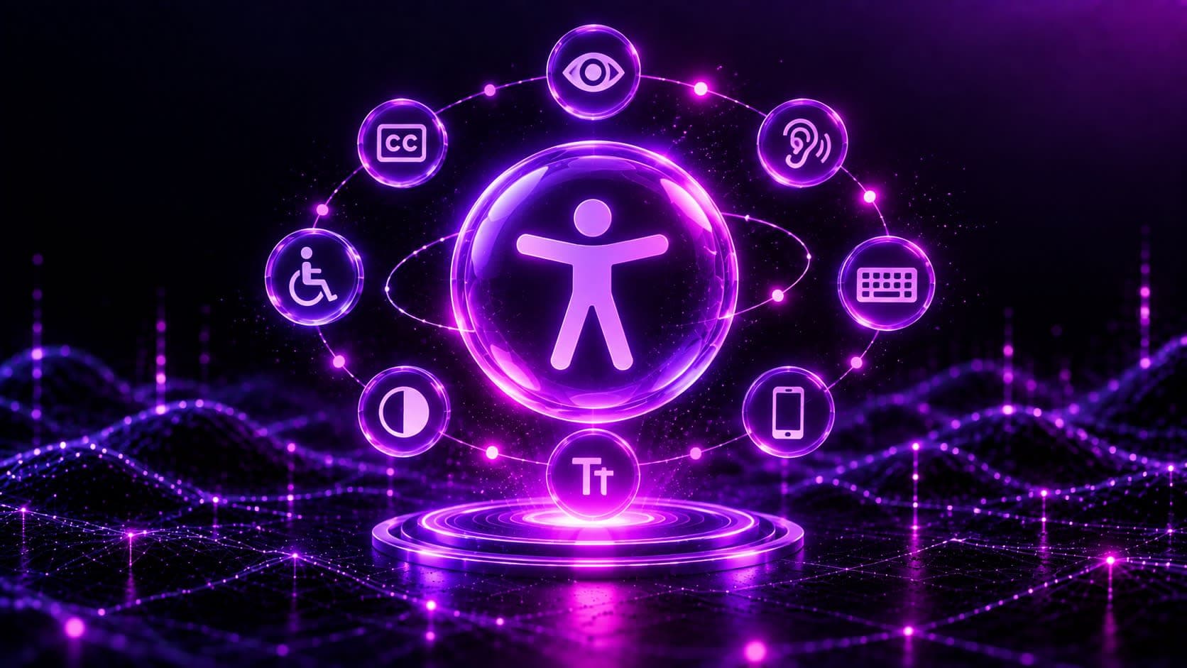 Glowing 3D universal accessibility icon surrounded by orbiting checklist nodes, representing a website accessibility checklist