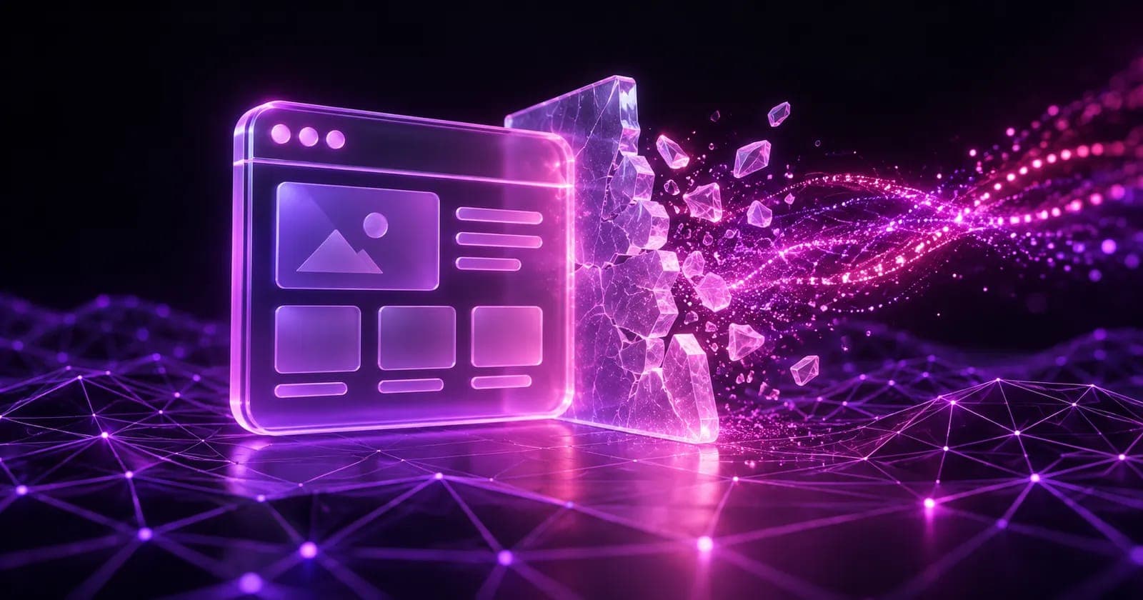 Glowing 3D browser window with a barrier dissolving into light particles, representing fixing website usability problems before they cost sales