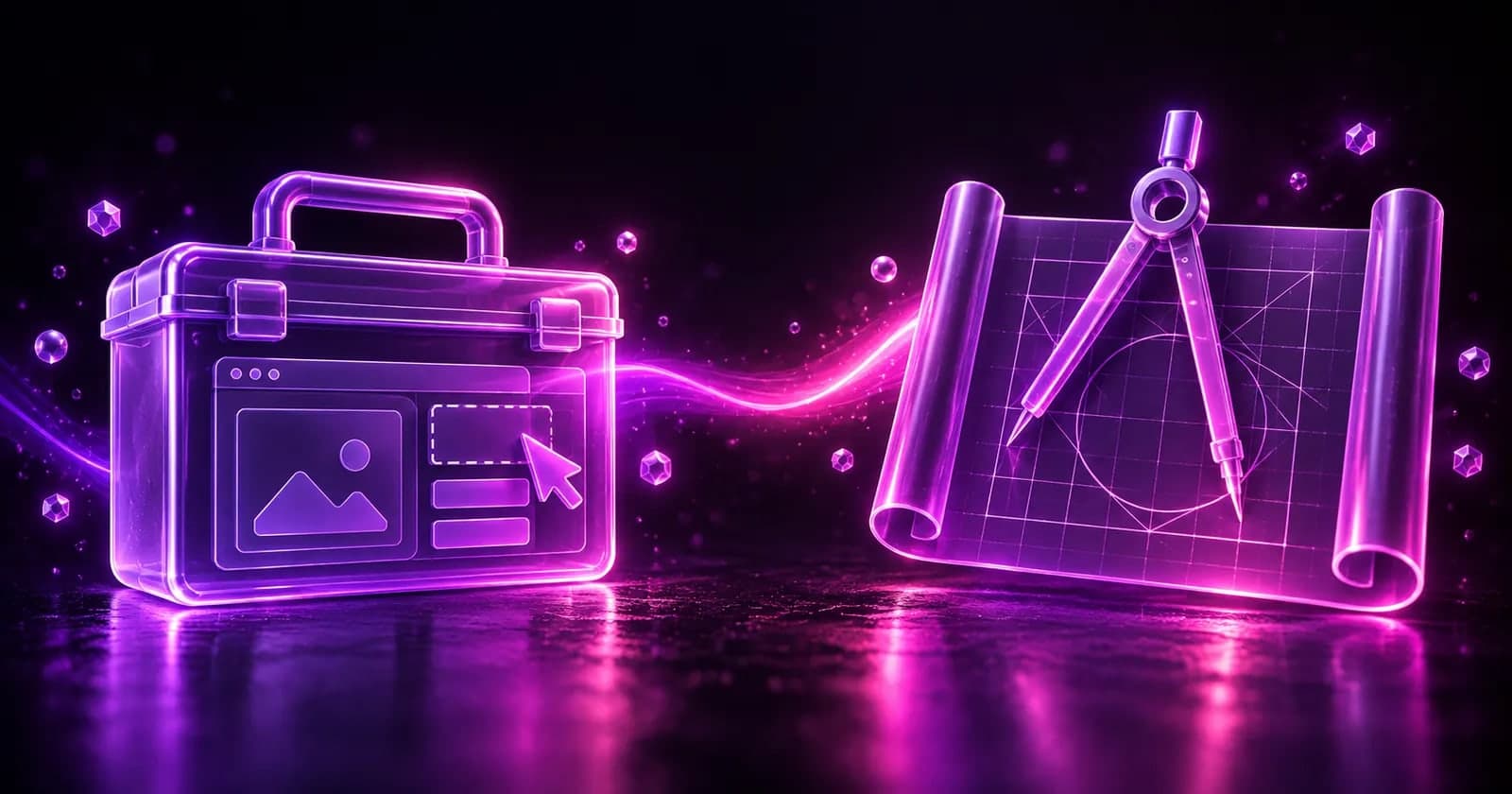 Glowing 3D toolbox icon beside a drafting compass and blueprint, representing choosing a website builder versus custom web design