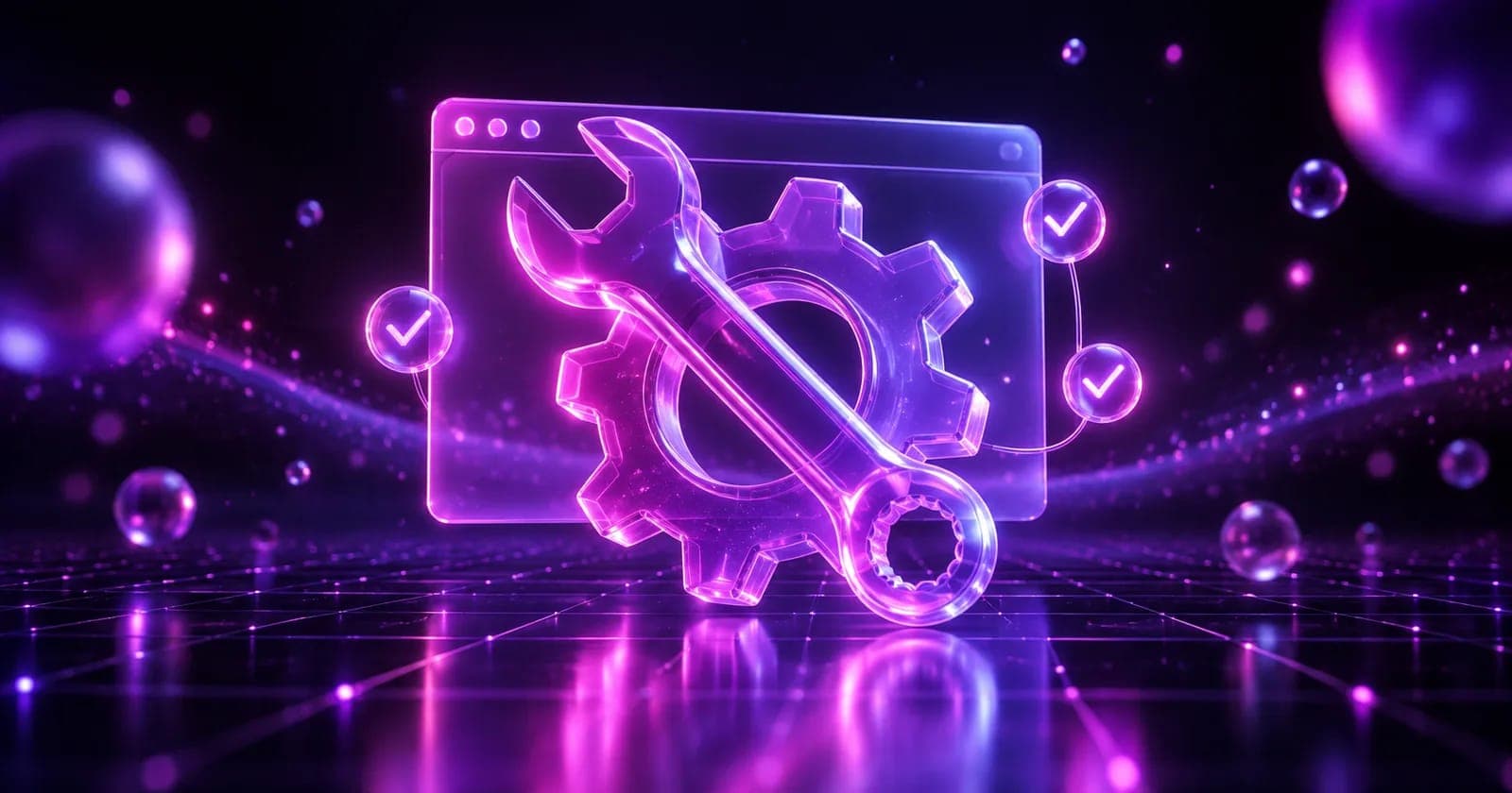 Glowing 3D wrench and gear over a browser window with checklist nodes, representing website maintenance