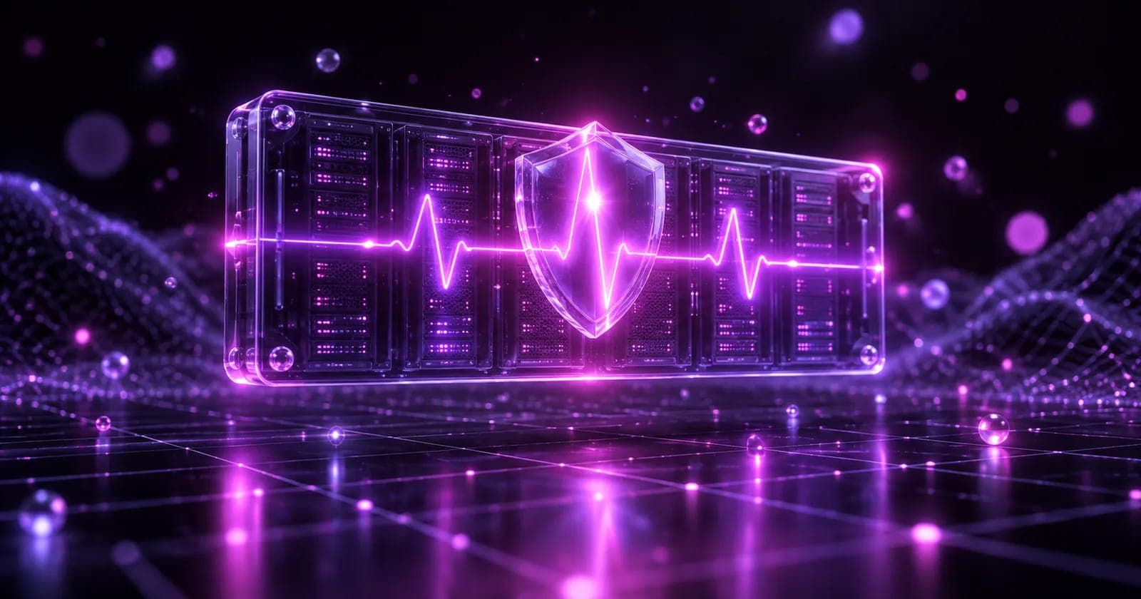 Glowing 3D uptime heartbeat across a server panel with a pulsing shield, representing a website reliability checklist