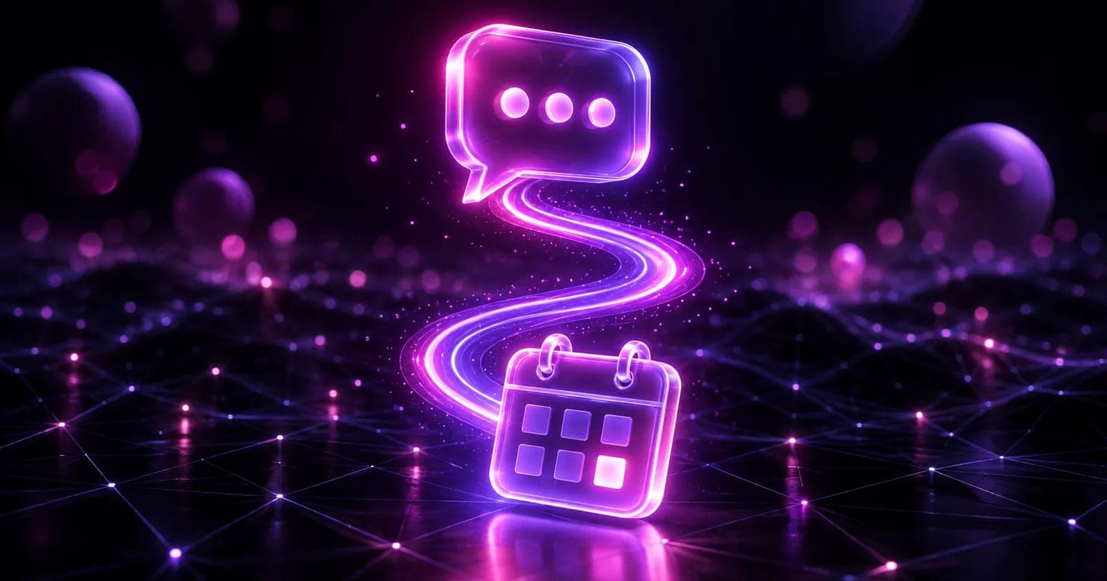 Glowing 3D chat bubble flowing along a light path into a calendar booking tile, representing an enquiry flow