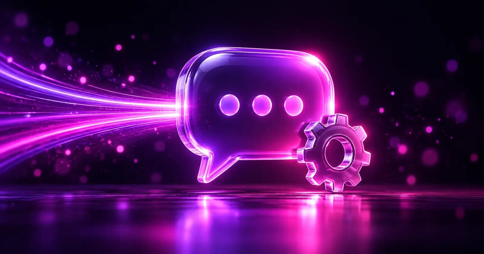 Glowing 3D chat bubble with an automation gear and a fast light trail, representing WhatsApp lead follow-up automation