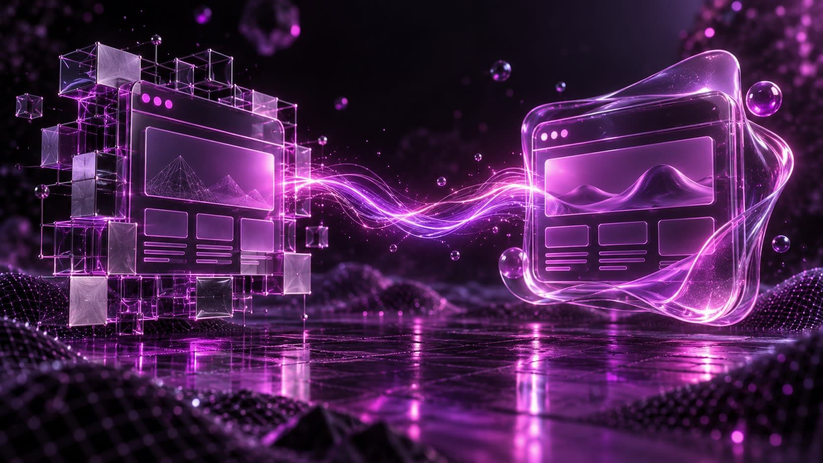 Two glowing 3D website frames, one blocky and one smooth, facing each other, representing comparing WordPress and Webflow