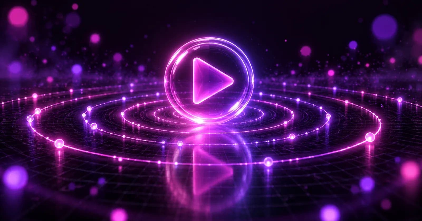 Glowing 3D play button at the centre of expanding ripple rings, representing reach and frequency campaigns