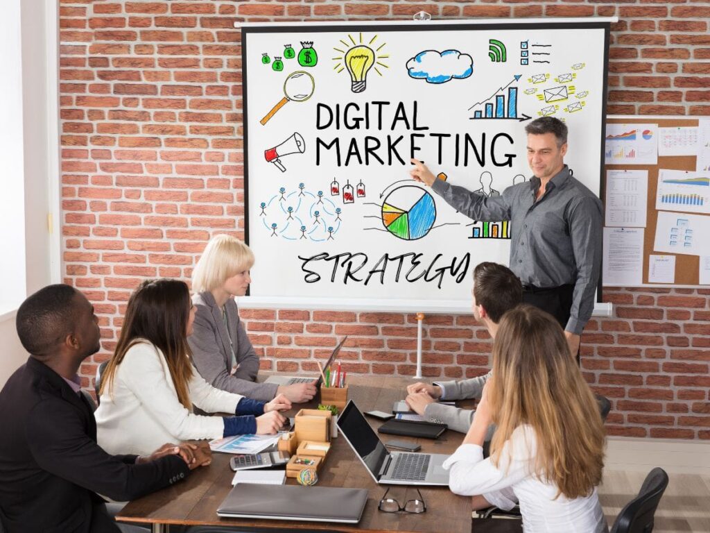 a marketing team discussing a Digital Marketing Strategy